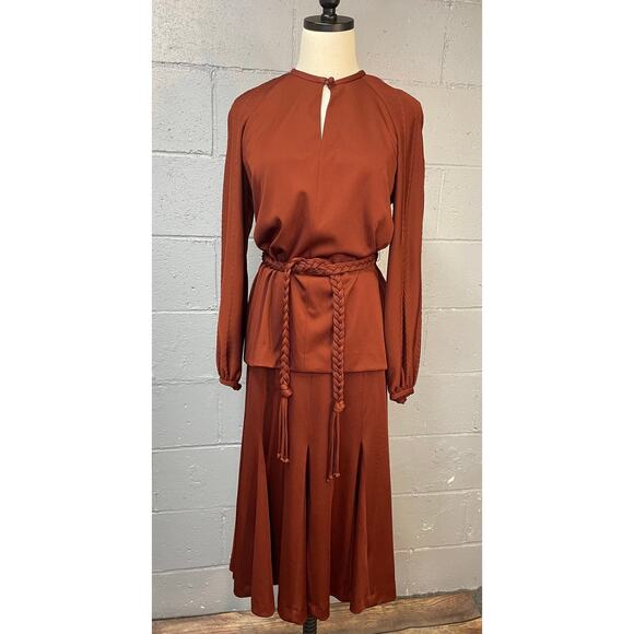 Vtg 70s Russet Brown Knit Polyester 3 Piece Pleated Skirt Set Tunic Keyhole Neck - Picture 4 of 11